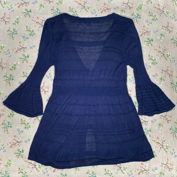 Y2K Guess Knit Cardigan Top Flare Sleeve Button Front Loose V Neck Navy Large - Picture 2 of 5